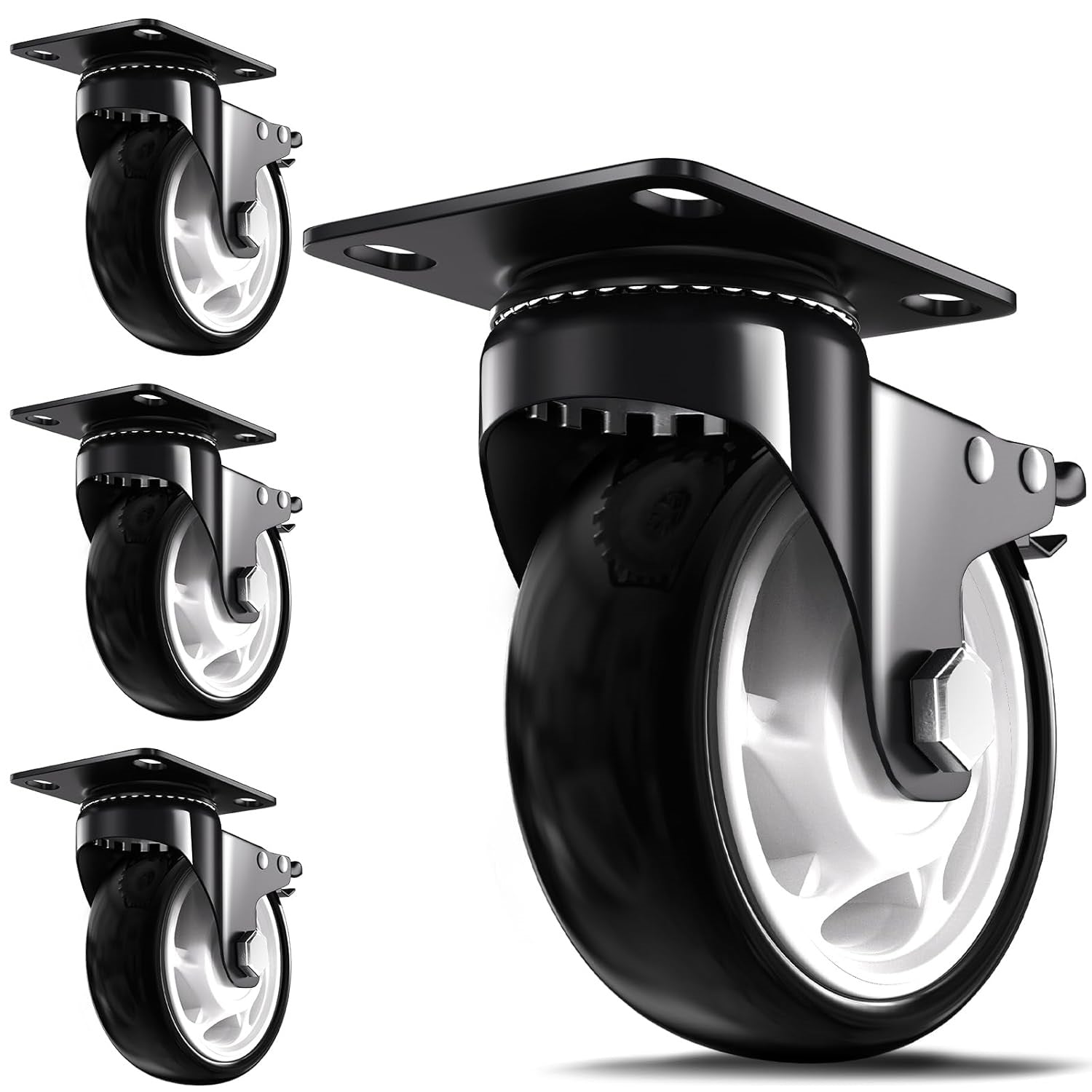 Suwas 4 Inch Caster Wheels Set of 4, Heavy Duty Casters with Safety Dual Locking Casters, No Noise Wheels Polyurethane, No Marking Swivel Plate Casters (Bonus of Hardware Kit)