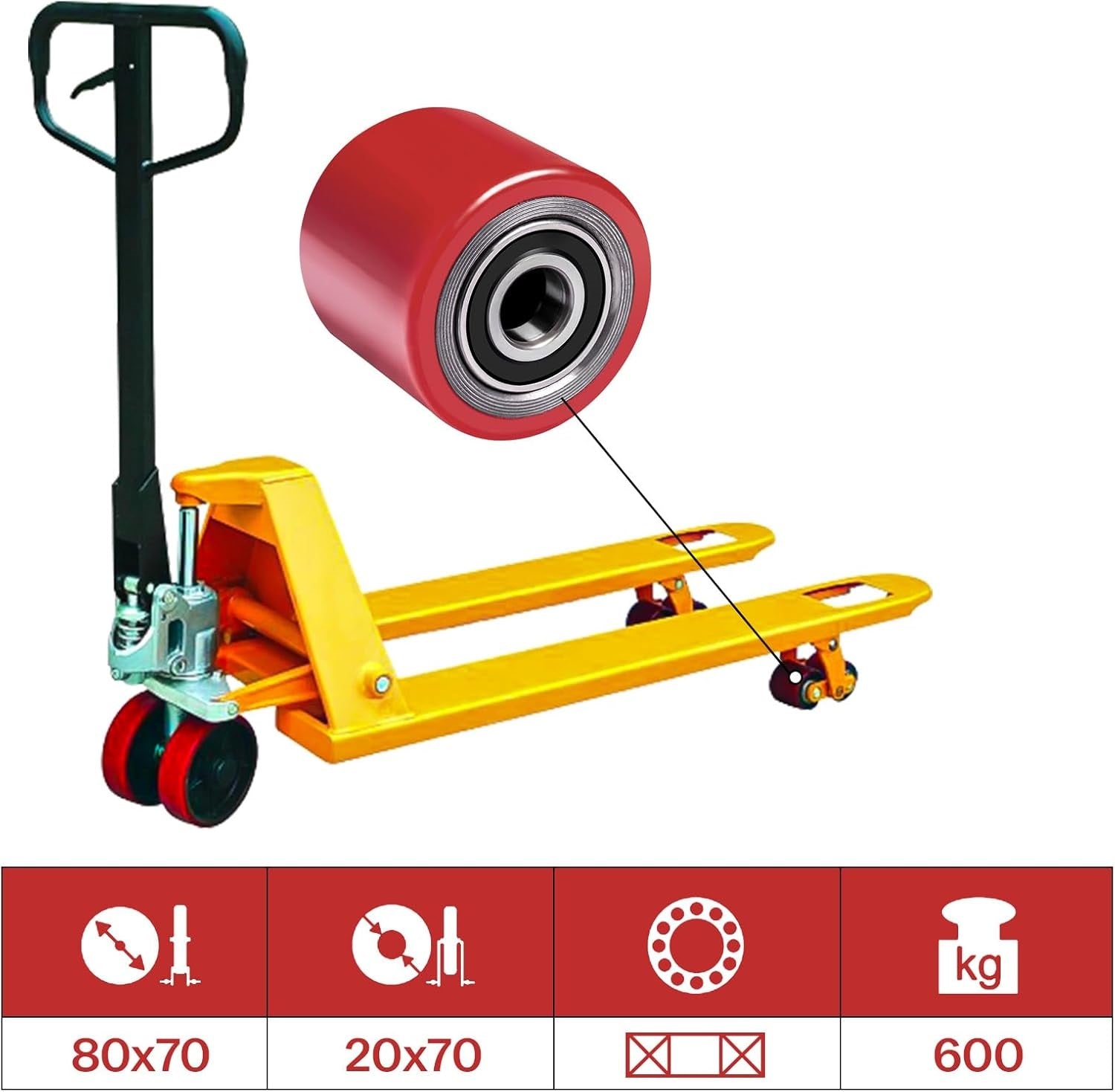 SUWAS™ Polyurethane (CIPU) Load Wheel 70×80 mm with Bearing (Pack of 4) for Pallet Truck | Heavy Duty Pallet Jack Replacement Wheel | Industrial Material Handling Spare Part