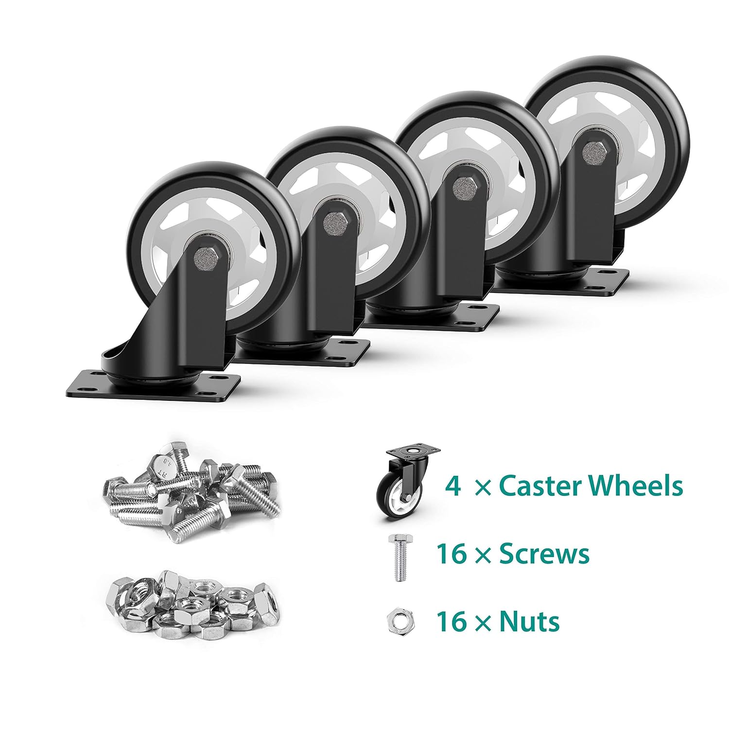 Suwas 4 Inch Caster Wheels Set of 4, Heavy Duty Caster with 360 Degree Rotation, No Noise Wheels Polyurethane, No Marking Swivel Plate Casters (Bonus of Hardware Kit)