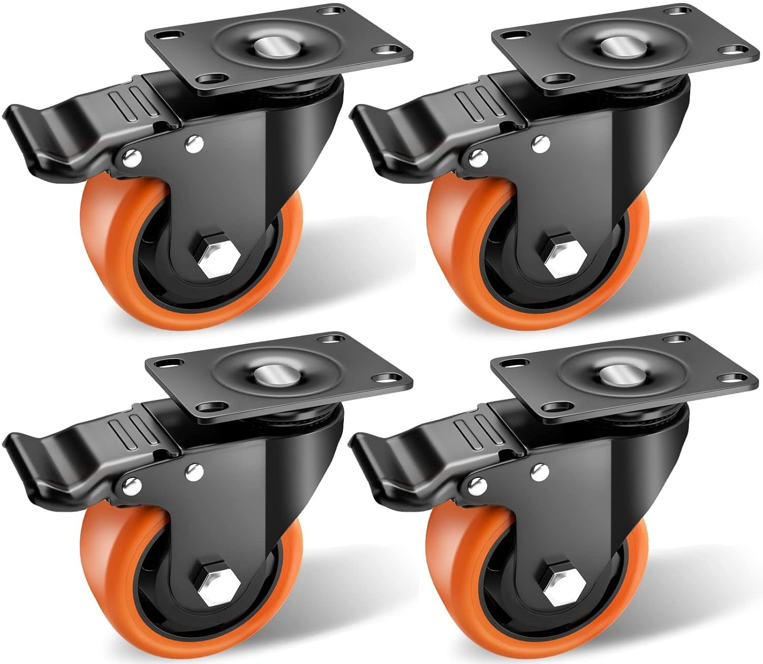 Suwas 3 Inch Caster Wheels Set of 4, Heavy Duty Caster with Safety Dual Locking Caster, No Noise Wheels Polyurethane, No Marking Swivel Plate Casters (Bonus of Hardware Kit)