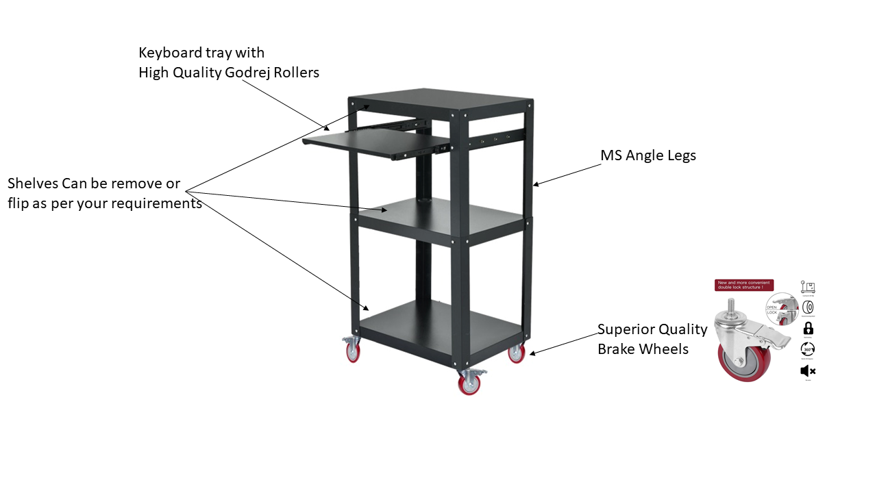SUWAS™ Steel Frame 3-Tier AV Cart/Computer Trolley with Keyboard Tray, Castor Wheels