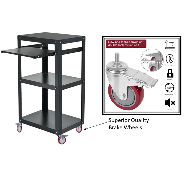 SUWAS™ Steel Frame 3-Tier AV Cart/Computer Trolley with Keyboard Tray, Castor Wheels