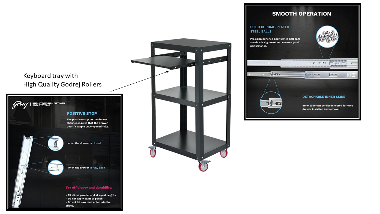 SUWAS™ Steel Frame 3-Tier AV Cart/Computer Trolley with Keyboard Tray, Castor Wheels
