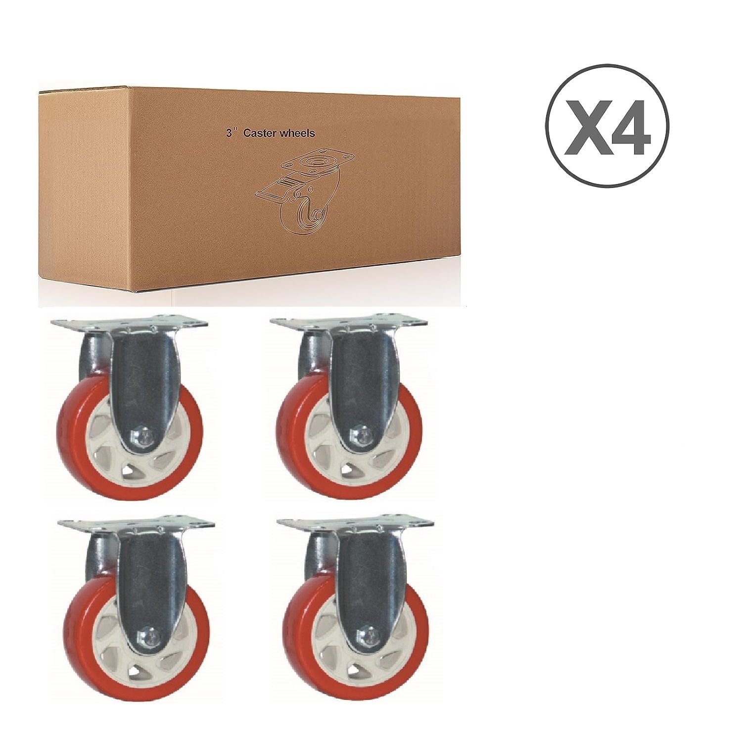 Suwas 3 Inch Caster Wheels Set of 4, Heavy Duty Caster with Fixed Plate, No Noise Wheels Polyurethane, No Marking Fixed Direction Plate Casters (Bonus of Hardware Kit)